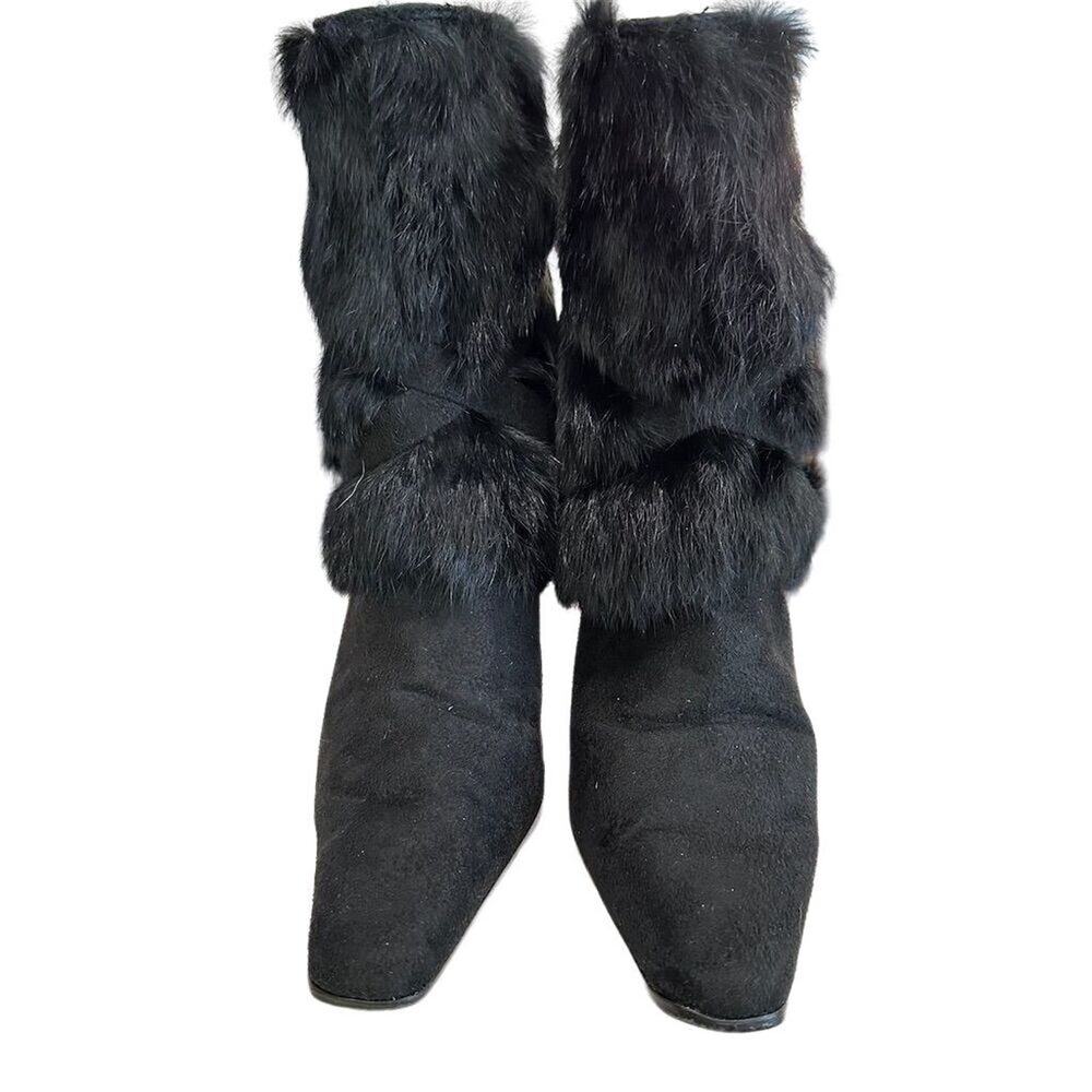 Pierre Dumas Women's Black Stiletto Heel Boots Size 9M Faux Fur Trim - Picture 3 of 9